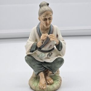 Vintage Asian Elder Woman Ceramic Figurine – Hand Painted 6”